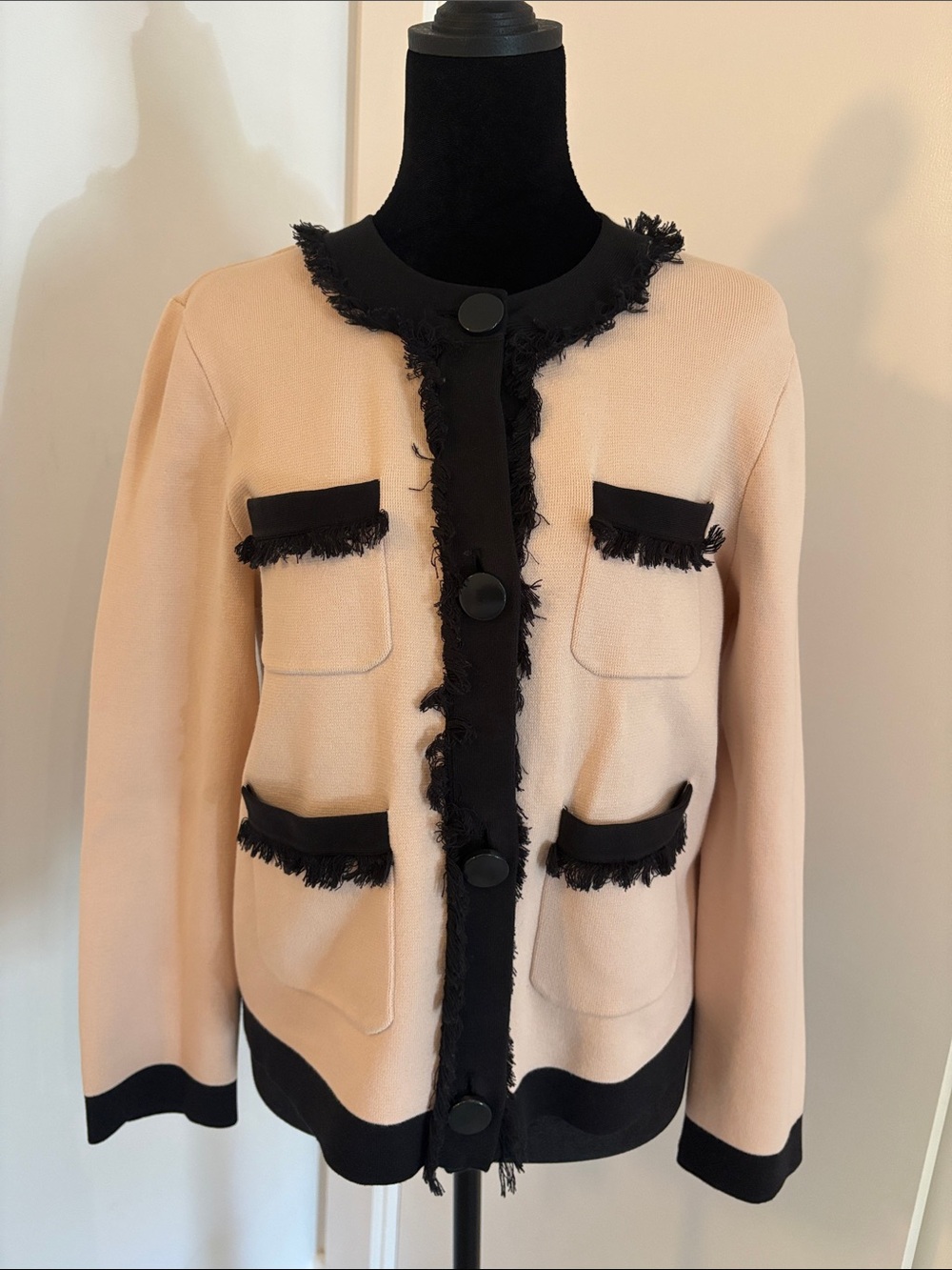 kate spade Blush and Black Trim Frayed-Edge Jacket